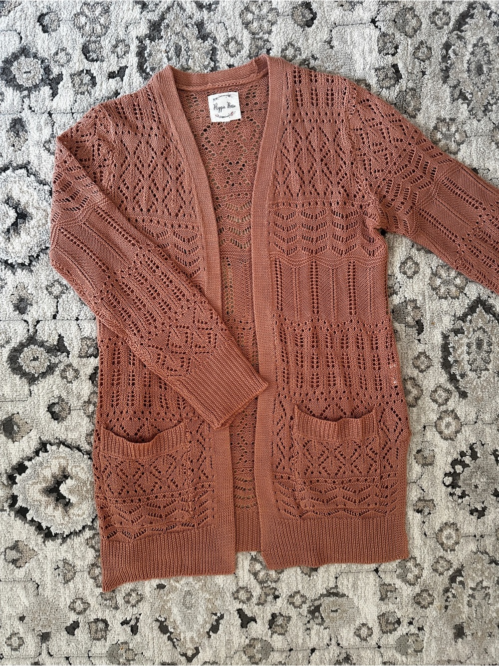 Hippie Rose Openwork Cardigan in Rusty Terracotta